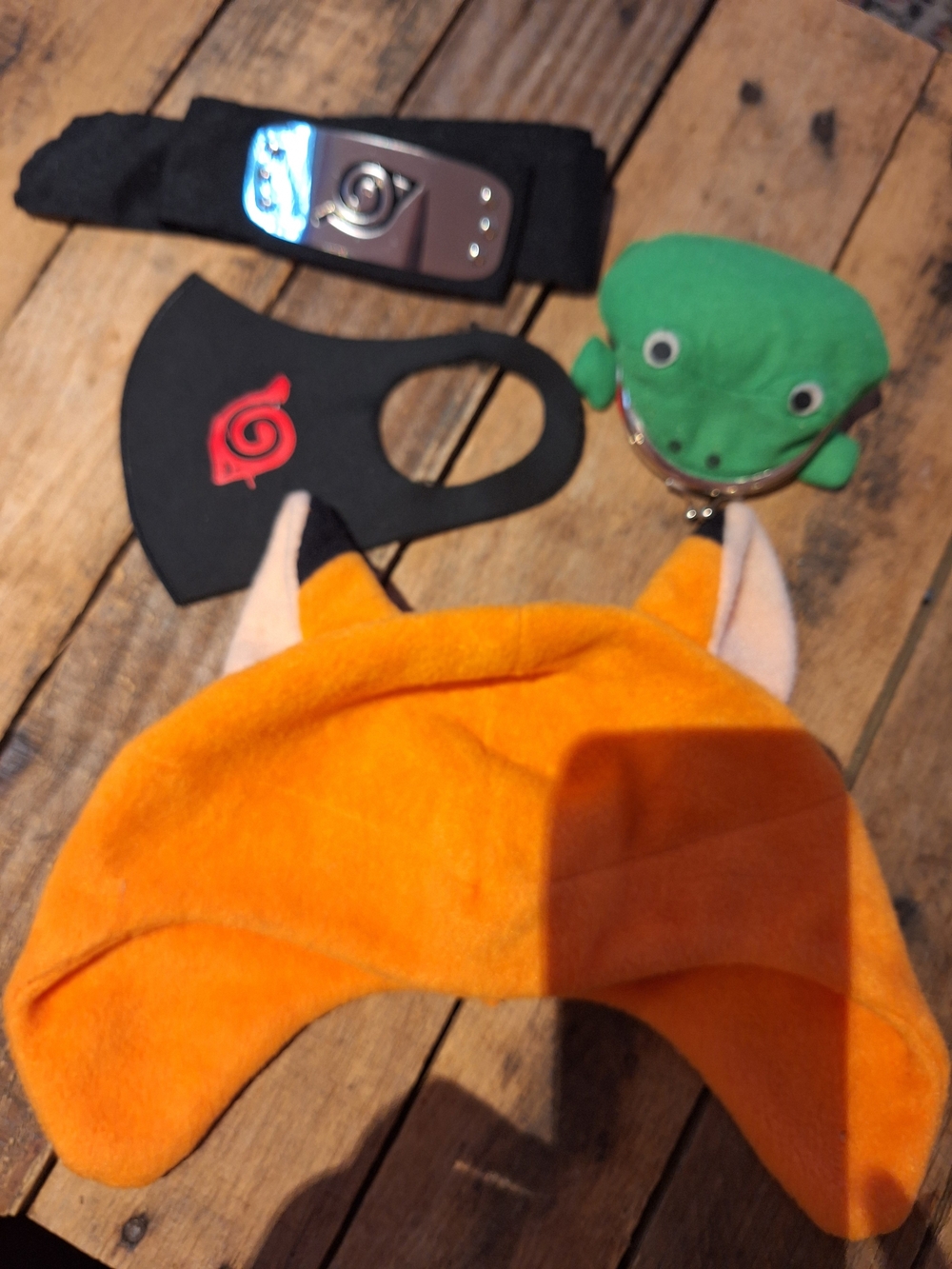 Naruto-Inspired Kids Orange Fox Hat with Black Mask and Green Frog Pouch